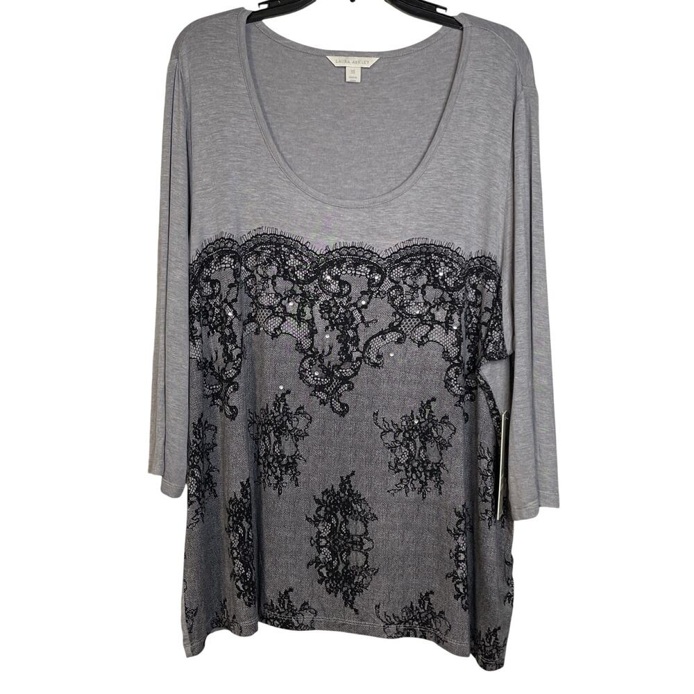 NEW Laura Ashley 3X City Lights Scoop Neck Top- 3/4 SLV - Gray/Black Embellished